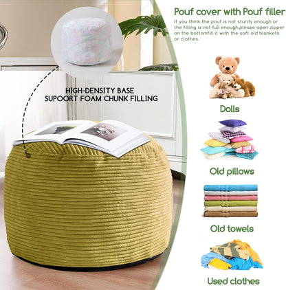 HIGOGOGO Round Stuffed Pouf Ottoman, Corduroy Poufs with Foam Chunk Filling, Furry and Fluffy Pouf Foot Stool Storage Ottoman, 20 X 15 Floor Poufs Foot Rest for Living Room, Green