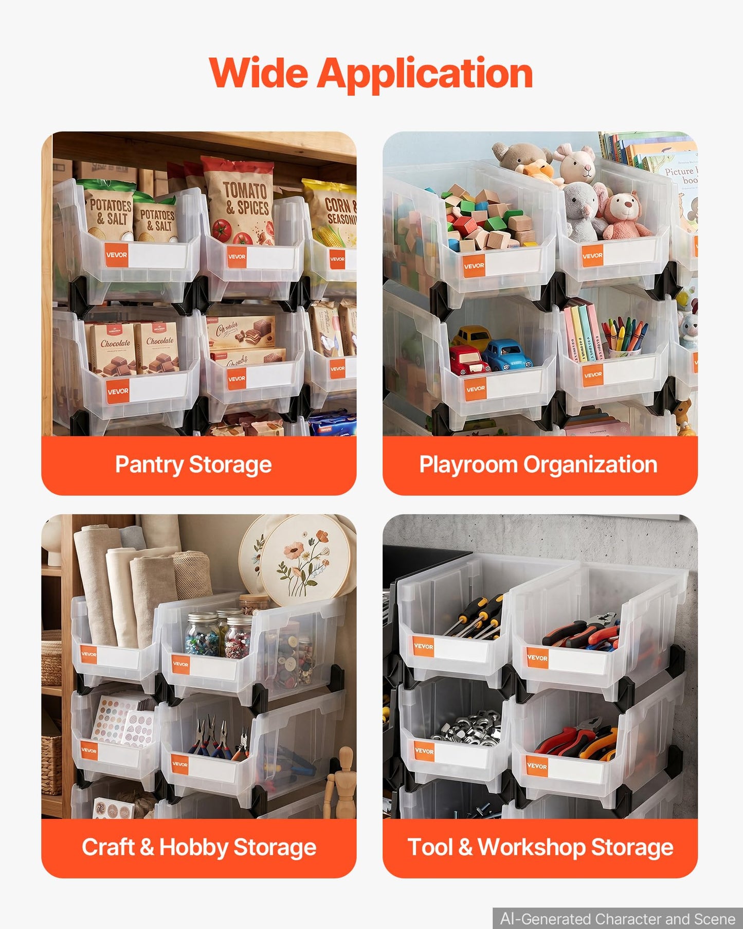 VEVOR Plastic Stackable Storage Bins, 14.8 x 8.5 x 7.1 inch (6 Pack), Plastic Containers for