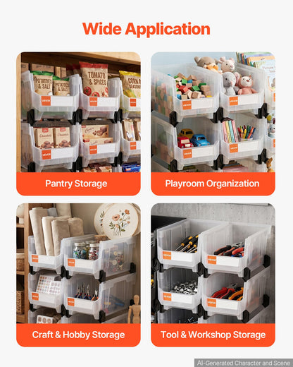 VEVOR Plastic Stackable Storage Bins, 14.8 x 8.5 x 7.1 inch (6 Pack), Plastic Containers for