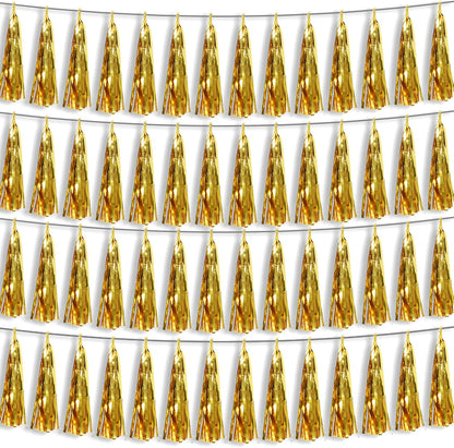 4P Gold Foil Fringe Metallic Tassel Streamers Banner Tassel Garland for Parade Floats, Bachelorette, Wedding, Birthday, Halloween, Christmas, Bridal/Baby Shower Party Decorations