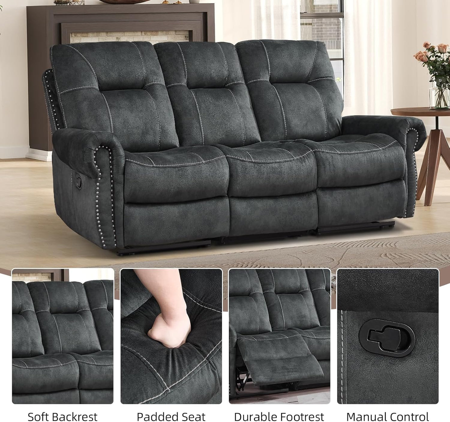 EBELLO Manual Recliner 3 Seat Sofa Couch, Soft Fabric 3 Seater Reclining Couch Chair, Vintage Rivet Mid-Century Design Furniture for Living Room, Meeting Room, Grey