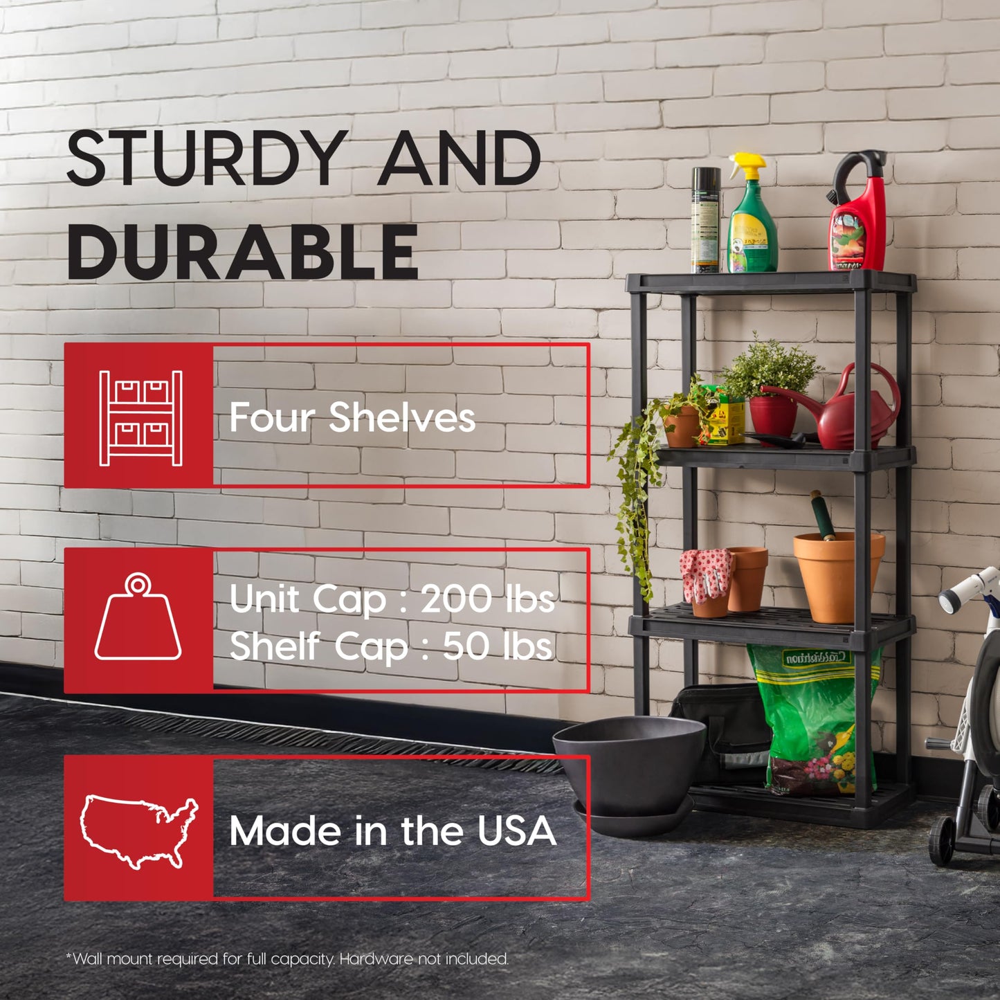IRIS USA Plastic Storage Shelves |Made in USA| 48"H x 24"W x 12"D - Black