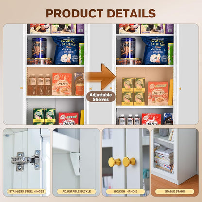 5 Tier Metal Curio Cabinets, Modern Bookshelf Cabinet with 4 Adjustable Shelves, Cabinet Display Case for Home Office, Living Room, Pantry (White-23.54W)