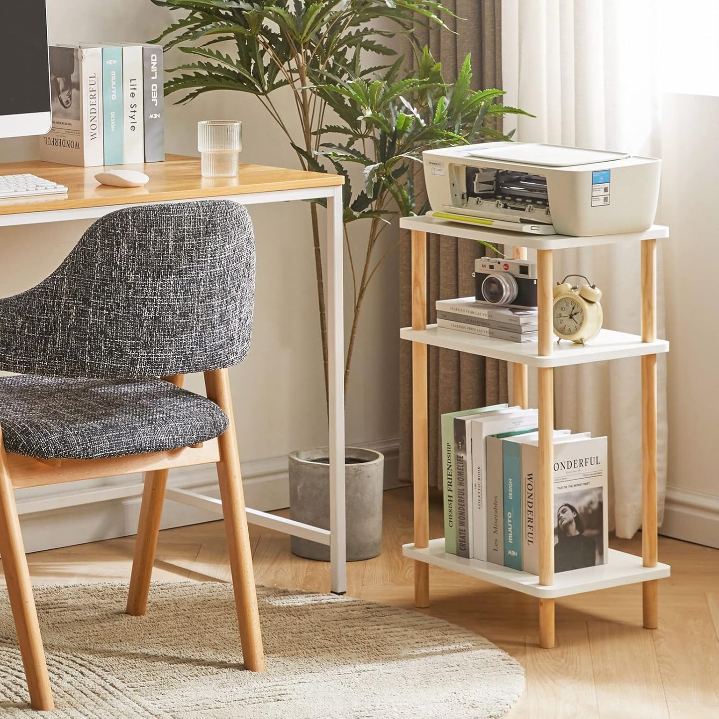 IBUYKE 3-Tier Side Table, Solid Wood Tall End Table with Storage Shelves, Nightstand Bedside Table for Living Room Bedroom Office, No-Tool Assembly, White UWST003W