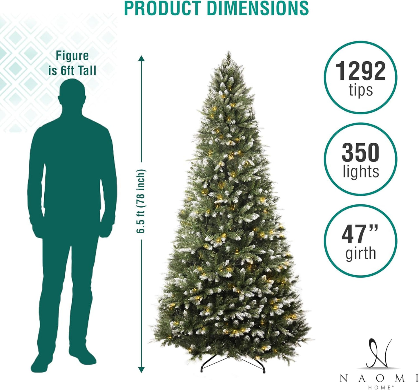 Naomi Home 6.5ft White Tip Christmas Tree with Lights, Realistic Light Snow Flocked Fir Prelit with 1292 Branch Tips, 350 Warm Lights and Metal Stand, Aritificial Tree