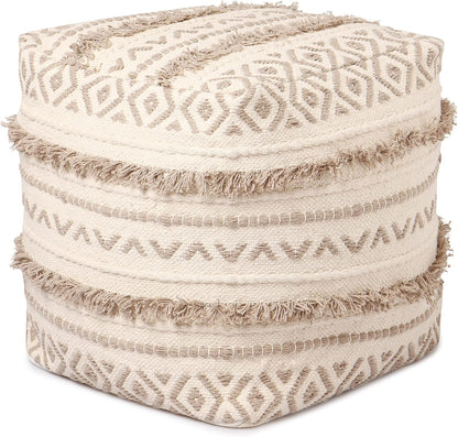 REDEARTH · Tufted Pouf Ottoman with Filler Textured Storage Cube Bean Bag Pouffe Footrest for Living Room, Bedroom, Nursery, Kidsroom; 100% Cotton (17.5"X17.5"X17.5", Geometric Craft Taupe)