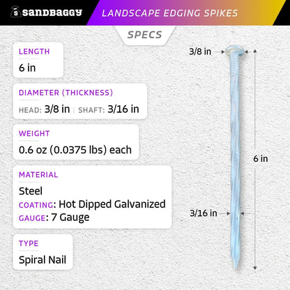 Sandbaggy 6 inch Galvanized Landscape Edging Spikes - Spiral Landscape Nails - 7 Gauge Steel - Great For Hard Rocky Soil - Also Great For Paver Edging, Artificial Turf, Landscape Fabric (1500, 6 inch)