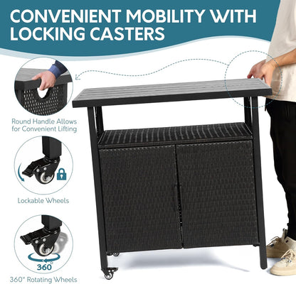 Outdoor Indoor Storage Cabinet with Rolling Wheels, Patio Serving Cart with Bar Table and Wicker Cabinet, Kitchen Island Prep Table, Black