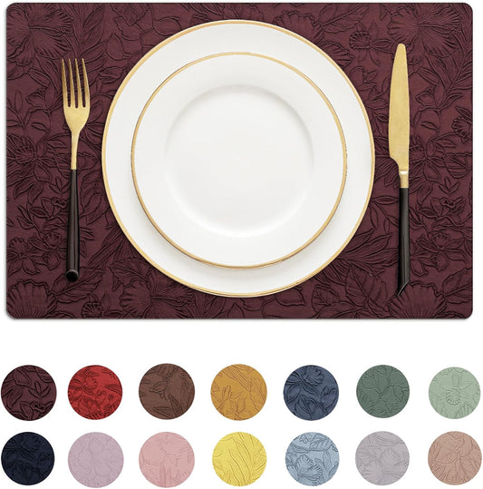 Romanstile Vinyl Placemats Set of 8-12 X 18 Inch - Heat Resistant Non-Slip Embossed Floral Place Mats 100% Waterproof Oilproof Wipeable Faux Leather Table Mats for Kitchen/Dining/Party, Burgundy