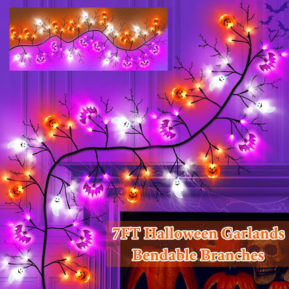 7 Ft 63 LED Halloween Willow Vine Twig Garland with 8 Modes Timer Orange Purple White Lights,7 Pumpkin Bat Ghost, Garland with Battery Operated for Wall Fireplace Halloween Decorations