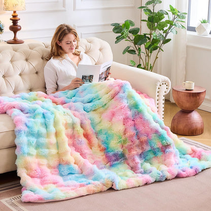 Lotus Karen Queen Size Faux Fur Blanket Rainbow - Big Bubble Rabbit Fluff Blanket for Bed, Large Fluffy Fuzzy Cozy Blanket, Thick Furry Plush Shaggy Blankets, 90x90 Inches