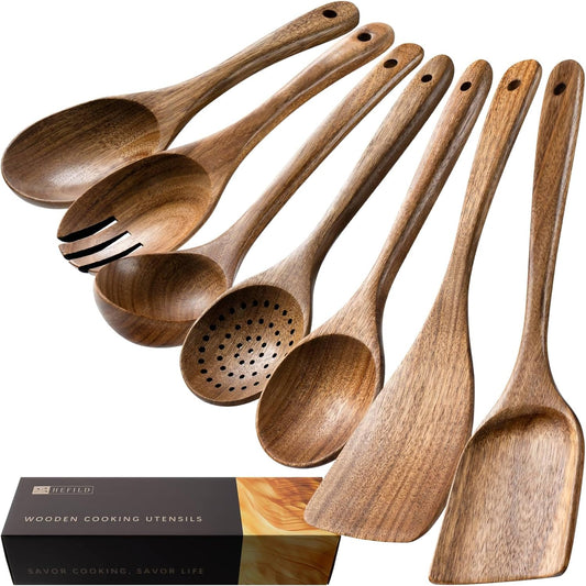 Wooden Spoons for Cooking, Nonstick Cooking Utensil Set with 7 Piece Acacia Wooden Spatulas and Spoons for Cooking, Terrific for Everyday Kitchen Tasks