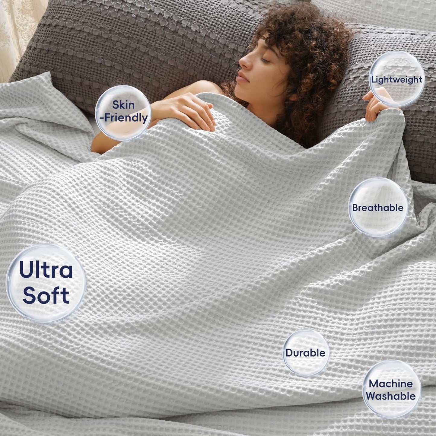 PHF Ultra Soft Waffle Weave Throw Blanket 50"x 60"- Washed Lightweight Breathable Cozy Woven Blanket for Bed - Aesthetic Decor for Couch Bedding Sofa Home Car - Light Grey