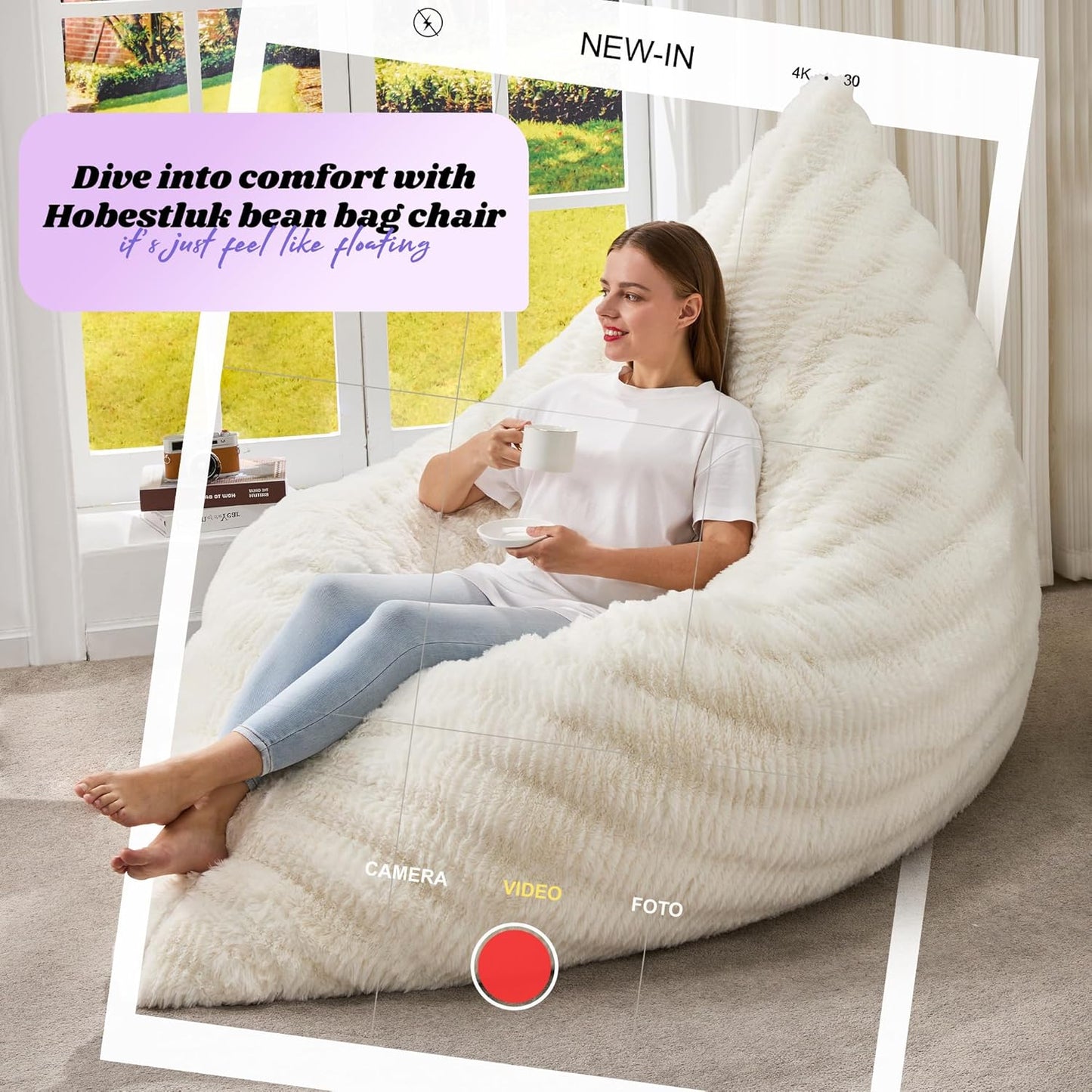 Hobestluk 3 in 1 Bean Bag Chair Giant Bean Bag Chairs for Adults with Ripple Cover Convertible Bean Bag Floor Cushion with Machine Washable Cover for Living Room (Ripple White)
