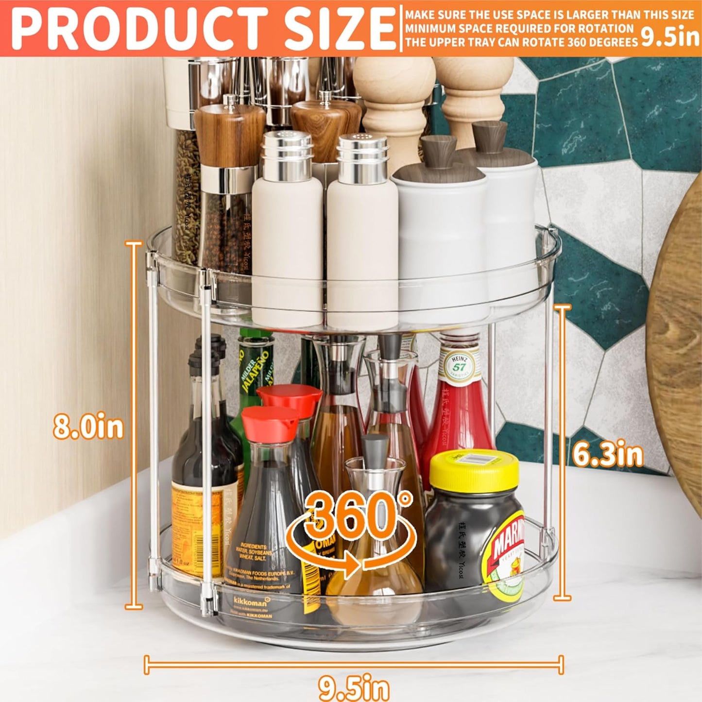 2 Tier Lazy Susan Turntable for Cabinet,Countertop,Pantry,9.5"W Spinning Seasoning Organizer,Double Rotating Kitchen Spice Rack Organizer and Condiments,Medicine,Vitamin Bottle Organizer Carousels,1Pc