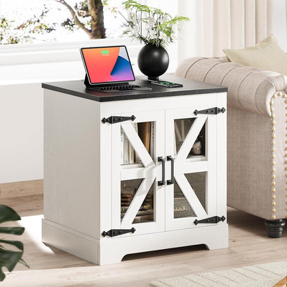 Farmhouse Side Table with Storage Cabinet, End Table with Adjustable Shelf, Large Night Stand, Wood Nightstand with Charging Station, 24" End Tables Living Room, Rustic Bed Side Tables Bedroom