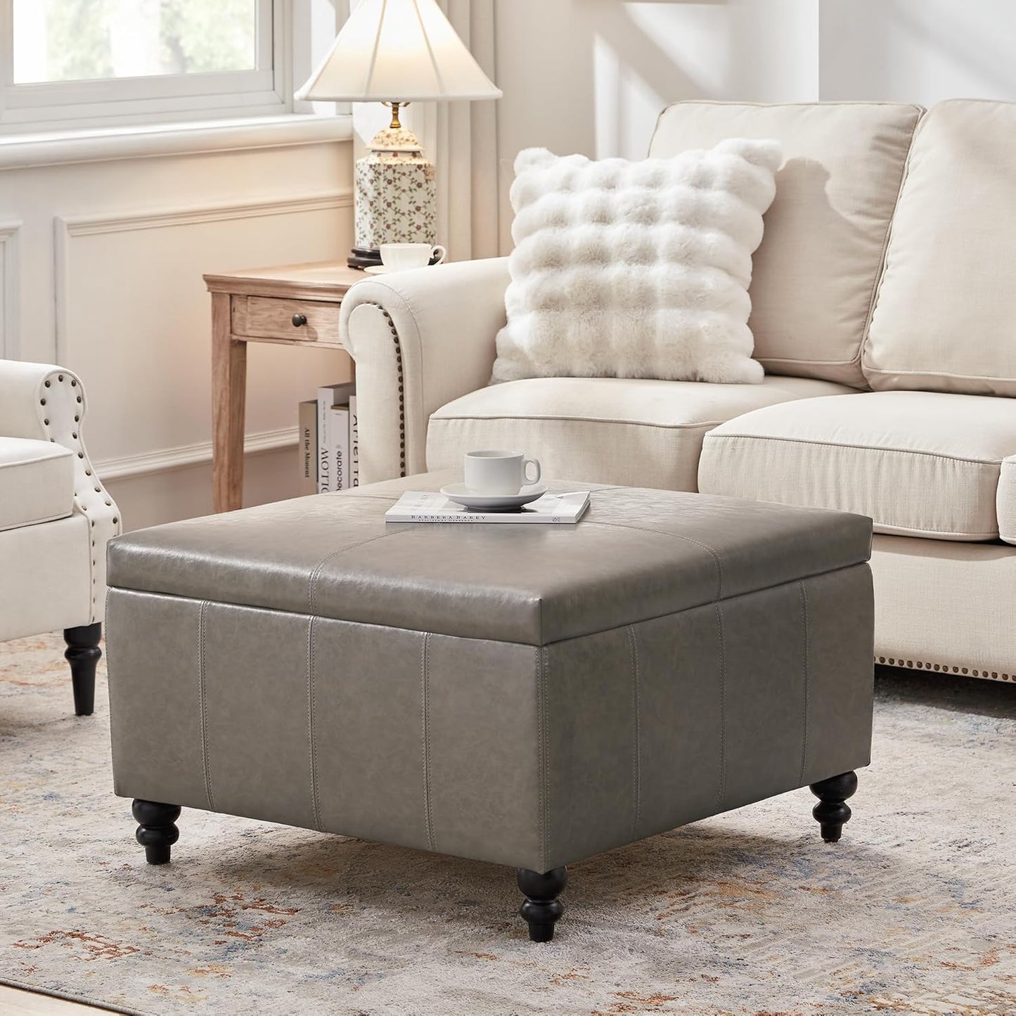 HUIMO Square Leather Storage Ottoman,Ottoman Coffee Table with Storage for Living Room (Taupe)