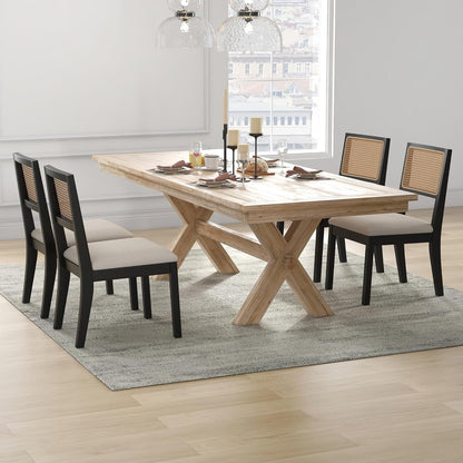 Westice Rattan Dining Chairs Set of 4, Farmhouse Natural Dining Room Chairs with Upholstered Cushion, Wood Armless Chairs for Kitchen/Restaurant, Black