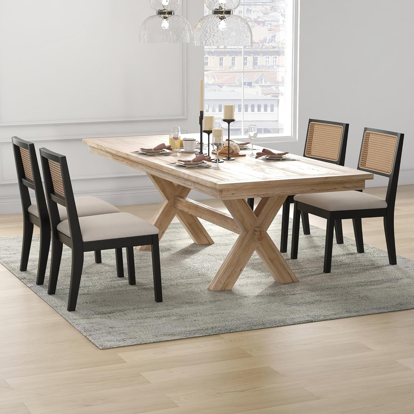 Westice Rattan Dining Chairs Set of 6, Farmhouse Natural Dining Room Chairs with Upholstered Cushion, Wood Armless Chairs for Kitchen/Restaurant, Black