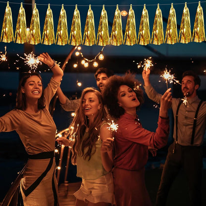 4P Gold Foil Fringe Metallic Tassel Streamers Banner Tassel Garland for Parade Floats, Bachelorette, Wedding, Birthday, Halloween, Christmas, Bridal/Baby Shower Party Decorations