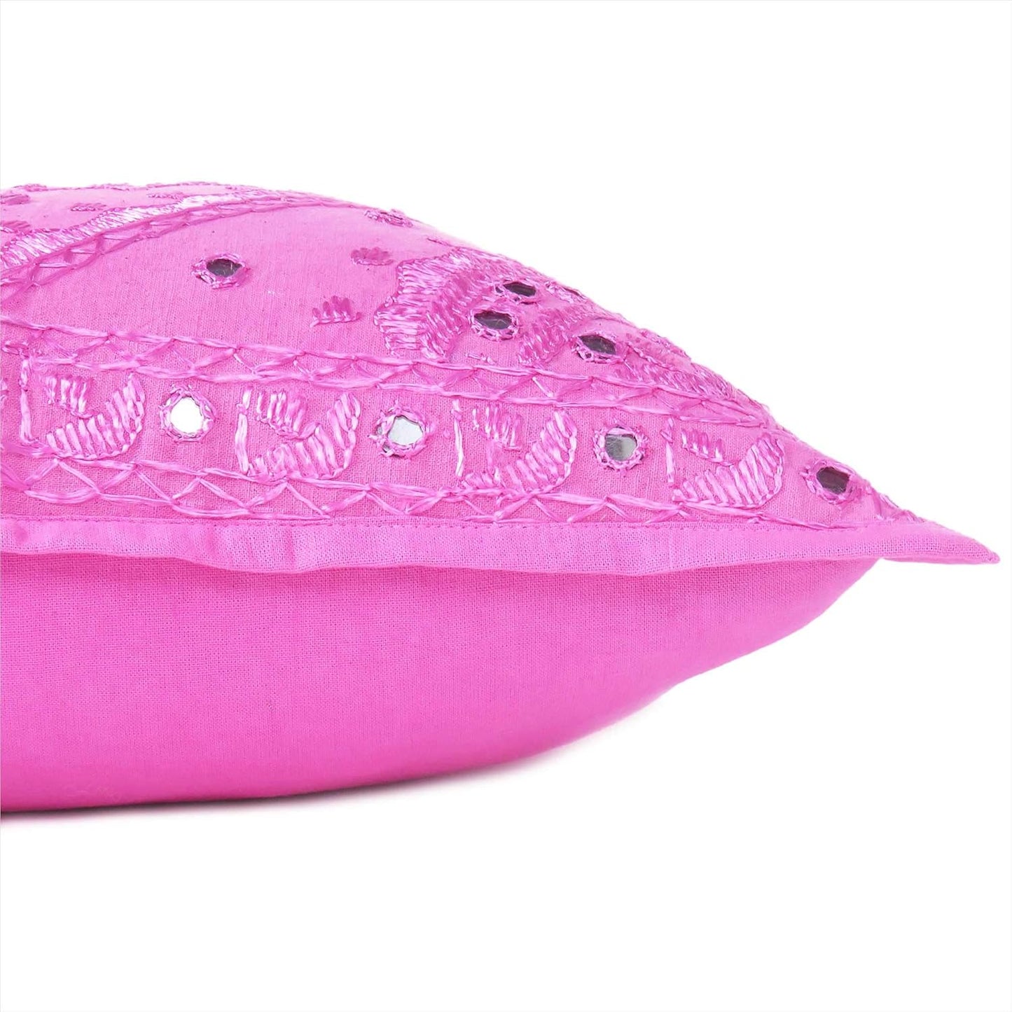 Eyes of India Embroidered Decorative Boho Throw Pillow Cover with Mirrors, Handmade Bohemian Accent Cushion Case for Sofa Couch Bedroom Living Room (Pink, 24" x 24")