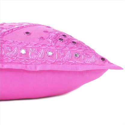 Eyes of India Embroidered Decorative Boho Throw Pillow Cover with Mirrors, Handmade Bohemian Accent Cushion Case for Sofa Couch Bedroom Living Room (Pink, 16" x 16")