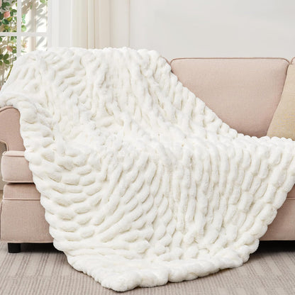 Touchat Ruched Faux Rabbit Fur Blanket, 700 GSM Luxury Dual-Sided Soft Cozy Blanket, Fuzzy Fluffy Plush Throw for Bed, Couch and Sofa - 60"x80", Cream White