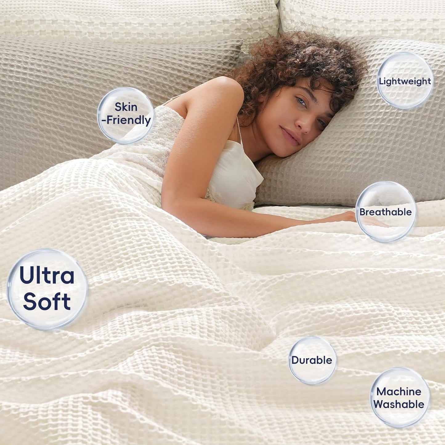 PHF Ultra Soft Waffle Weave Blanket Queen Size 90"x 90"- Washed Lightweight Breathable Cozy Woven Blanket for Bed - Aesthetic Decor for Couch Bedding Sofa Home Car - Coconut White