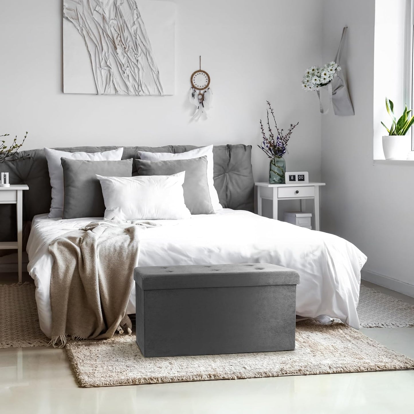 Sorbus Storage Ottoman Bench – Collapsible/Folding Bench Chest with Cover – Perfect Toy and Shoe Chest, Hope Chest, Pouffe Ottoman, Seat, Foot Rest, – Contemporary Faux Suede (Gray)