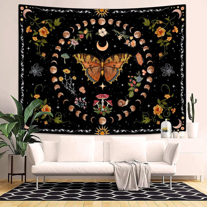 Aipon Orange Butterfly Moon Flower Tapestry Botanical Floral Plant Boho Tapestry for Bedroom Aesthetic Vintage Tapestries Wall Hanging for Living Room Dorm (36.00" x 48.00", Orange)