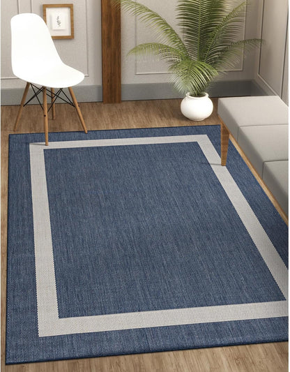 CAMILSON Outdoor Rug 10x14, Large Modern Outside Rugs for Patios Porches Waterproof Durable Washable Non-Shedding, Easy-to-Clean Indoor Outdoor Area Carpet (10 x 14, Bordered - Blue/White)