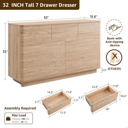 Modern 7 Drawer Dresser for Bedroom, 52" Wide Handleless Chest of Drawers, Large Push-to-Open Wood Storage w/Curved Profile, Dresser TV Stand for Bedroom, Living Room, Hallway, Natural Oak