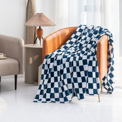 LOMAO Throw Blankets Flannel Blanket with Checkerboard Grid Pattern Soft Throw Blanket for Couch, Bed, Sofa Luxurious Warm and Cozy for All Seasons (Navy, 50"x60")