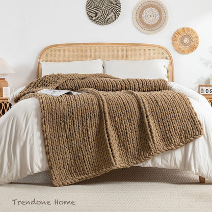 Chunky Knit Blanket Throw, 100% Hand Knit Throw Blanket Handmade Chenille Cable Knit Throw for Couch, Stylish Cozy Soft Rope Knot Crochet Blanket for Home Decor, Camel, 50x60 Inches