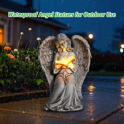 Angel Statue Outdoor Decor, Elegant Angel Garden Statues Reading Book with Solar LED Lights Yard Decorations Lawn Ornaments Figurines Resin Sculpture for Outside, Angel Gardening Gifts