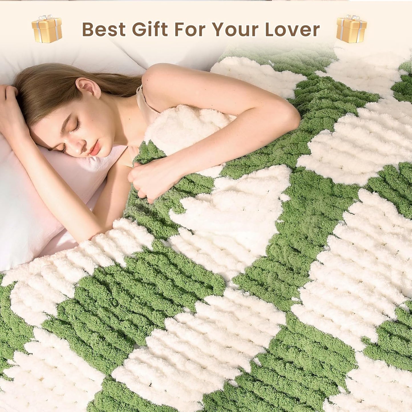 L'AGRATY Chunky Knit Blanket Throw: 60''x80'' Chenille Chunky Knitted Throw Blankets for Twin Bed Couch - Handmade Thick Cable Knit Blanket - Large Crochet Blankets for Home Decor(Green Checkered)