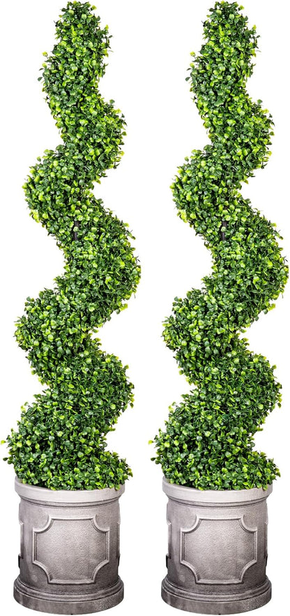 4FT Artificial Spiral Boxwood Topiary Trees with Antique-White Roman-Style Planter - Outdoor&Indoor Year-Round Garden, Porch, Entryway Decor (2 Pack)