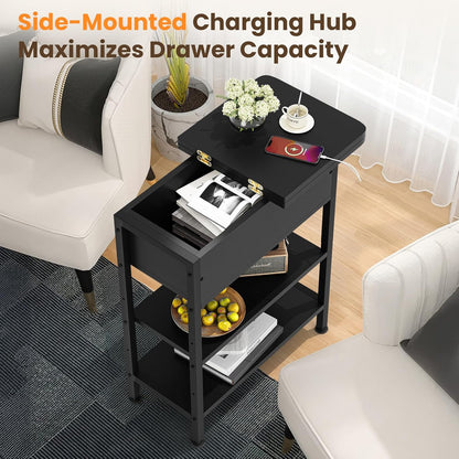 End Table with Charging Station, Flip Top Side Table with USB Ports and Outlets, 3-Tier Small Side Table with Storage for Small Space, End Tables for Living Room/Bedroom, Black