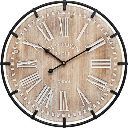 20 Inch Large Farmhouse Wall Clock, Rustic Antique Wood with Metal Circle and Large Engraved Numerals, Silent Battery Operated Wall Clock for Office Kitchen Bedroom Living Room