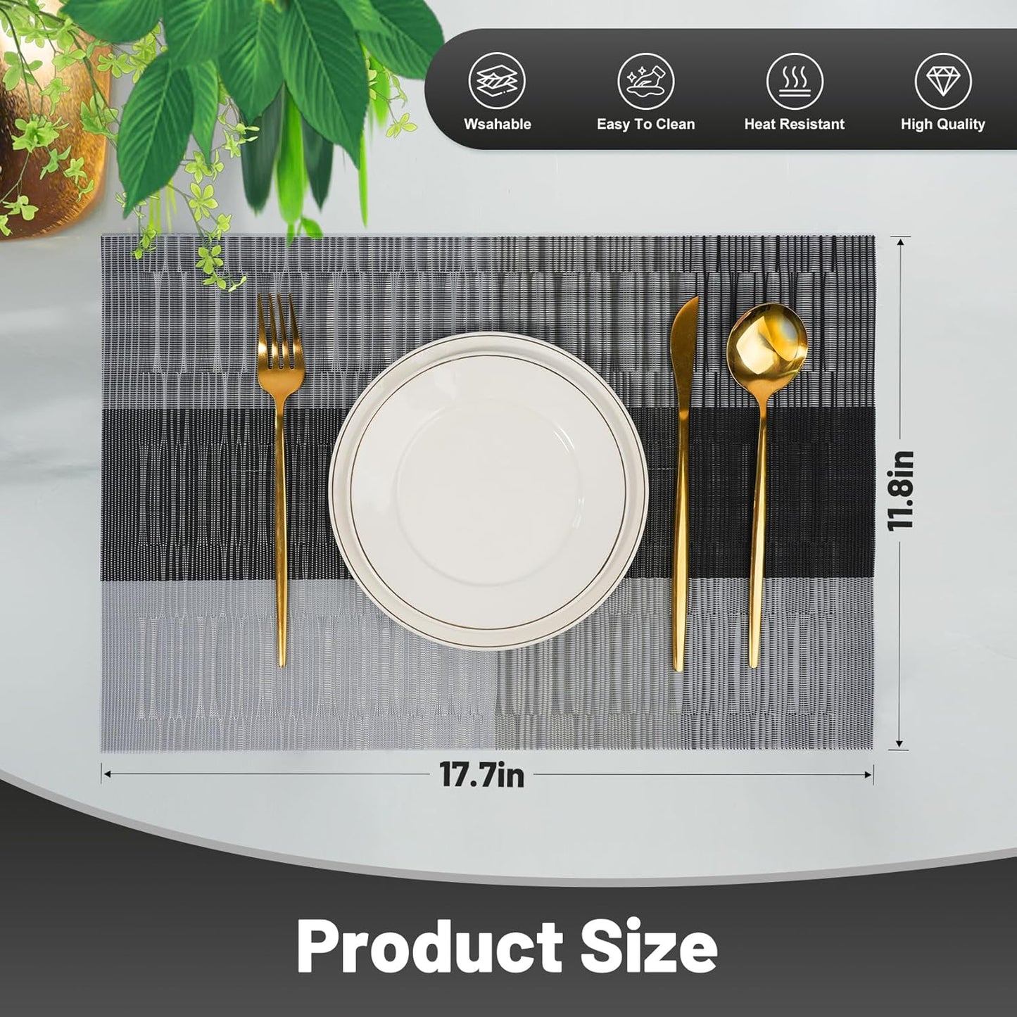 Placemats Set of 6，Non-Slip PVC Weave Table Mats Easy to Clean，Heat Resistant Place Mats for Kitchen Dining Table Decoration Indoor Outdoor，Black Gray