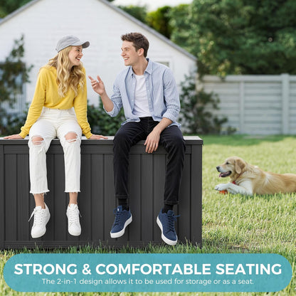 KAMABOKO Outdoor Storage Box, 150 Gallon Large Outdoor Resin Deck Box, Storage Waterproof Boxes Lockable Lid for Garden Tools, Pool Supplies, Patio Furniture and Cushions, Black