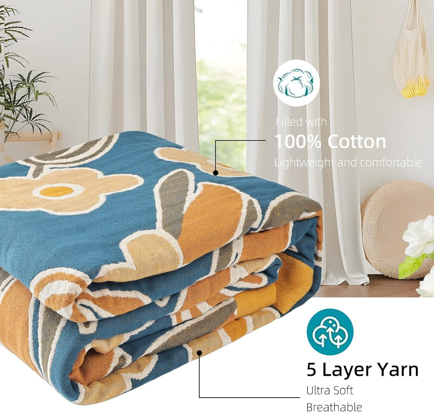 Boho Throw Blanket for Bed - 100% Pure Cotton Ultra Soft Rustic Quilt - Farmhouse Decor Bed Blankets, All Season Rustic Throw for Sofa Couch Chair(91''x 98'', Floral)