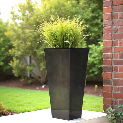 WORTH Garden 28" Large Metal Glazed Planter Set of 2, Luxurious Glossy Finish Black Tall Square Tapered Steel Plant Pots, Decor Flower Pot Indoor & Outdoor, Drainage Hole & Dual-Purpose Plant Saucer