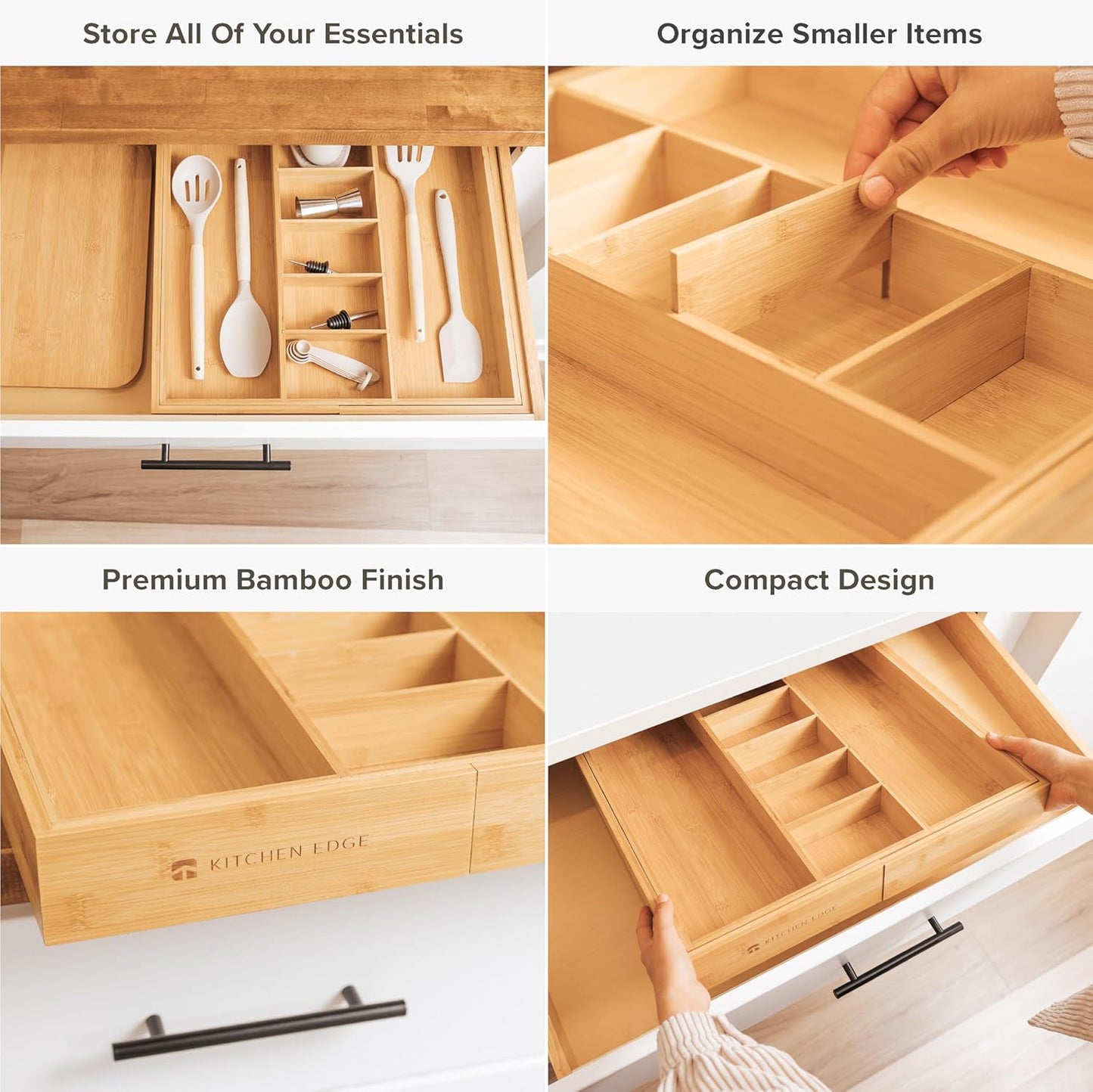 Adjustable Kitchen Drawer Organizer for Utensils and Junk, Food-Safe Contract Grade with 100% Sustainable Wood, Expandable from 19 to 33 Inches Wide - Natural Bamboo