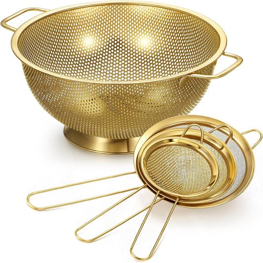 Norme 4 Quart Stainless Steel Gold Colander and 3 Pcs Gold Fine Mesh Strainer, Stainless Steel Pasta Rice Food Metal Strainer with Handles, Easy Clean and Dishwasher Safe