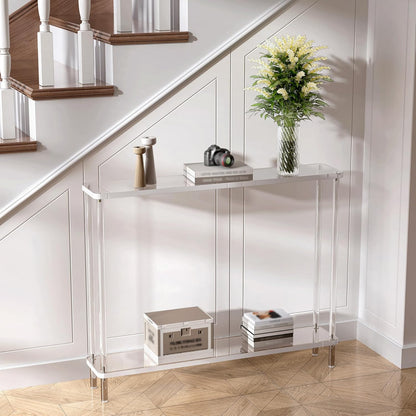 Acrylic Narrow Console Table for Entryway, 7.6" D x 39.4" W x 31.5" H, Cylindrical Legs, Skinny Entry Table for Sofa, Foyer, Hallway, Living Room, Modern, 2-Tier, Clear