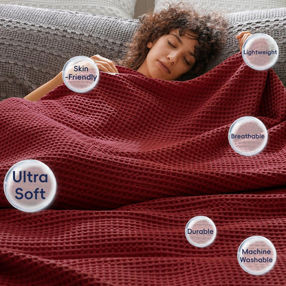 PHF Ultra Soft Waffle Weave Blanket King Size 104"x 90"- Washed Lightweight Breathable Cozy Woven Blanket for Bed - Aesthetic Decor for Couch Bedding Sofa Home Car - Wine