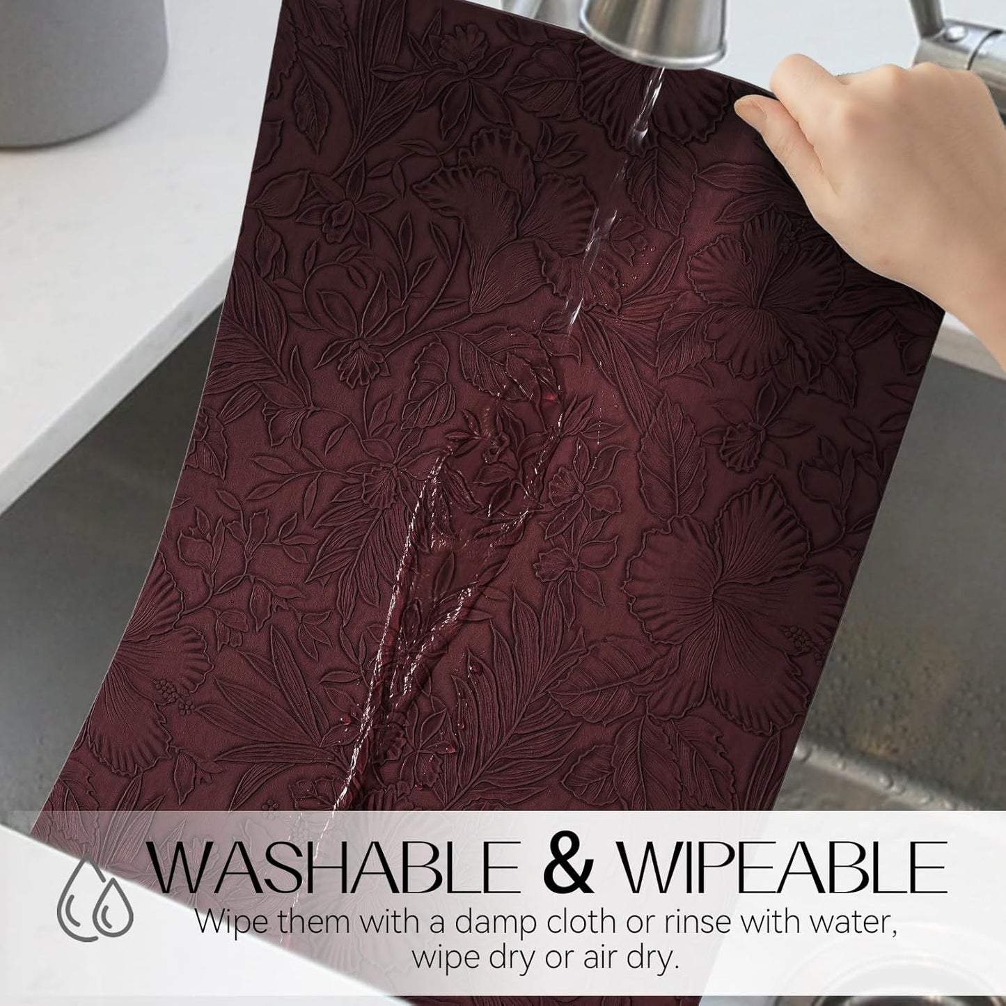 Romanstile Vinyl Placemats Set of 6-12 X 18 Inch - Heat Resistant Non-Slip Embossed Floral Place Mats 100% Waterproof Oilproof Wipeable Faux Leather Table Mats for Kitchen/Dining/Party, Burgundy