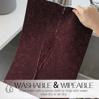 Romanstile Vinyl Placemats Set of 6-12 X 18 Inch - Heat Resistant Non-Slip Embossed Floral Place Mats 100% Waterproof Oilproof Wipeable Faux Leather Table Mats for Kitchen/Dining/Party, Burgundy