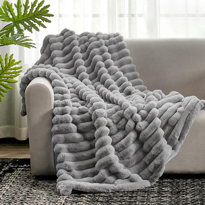 Cozy Bliss Faux Fur Throw Blanket for Couch, Cozy Warm Plush Striped Blanket for Sofa Bedroom Living Room,60 * 80 Inches Grey